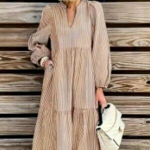 Women's Midi Dress Size XL Light brown & White Stripe Fall Dress NWOT
